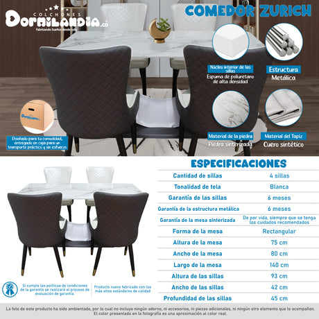 Comedor Zurich Blanco 80x75cm Rectangular de Cuatro Puestos con Cuatro Sillas - COMEDORES | Bylmo