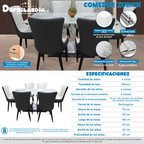 Comedor Zurich Blanco 90x75cm Rectangular de Seis Puestos con Seis Sillas - COMEDORES | Bylmo