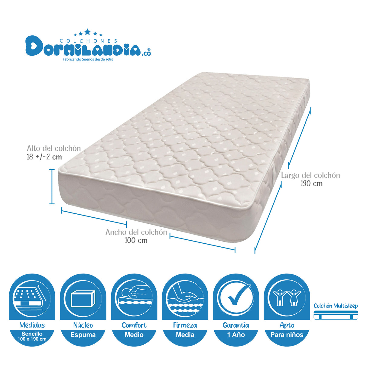 Colchón Multisleep Blanco Sencillo 100 X 190 Cm Firmeza Medio Doble Faz - COLCHONES | Bylmo
