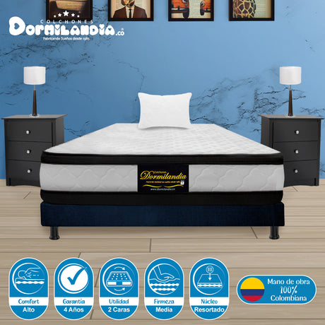 Combo Base Cama y Colchón Atenas Blanco y Azul Sencillo 100 X 190 Cm Firmeza Medio Doble Faz - COLCHONES | Bylmo