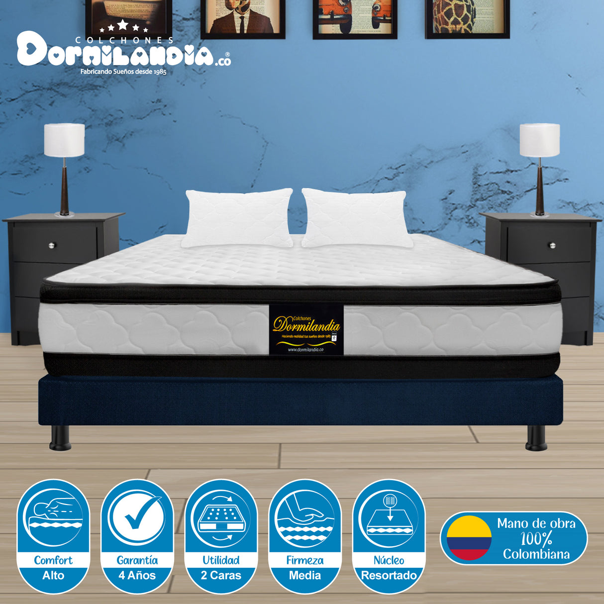 Combo Base Cama y Colchón Atenas Blanco y Azul Semidoble 120 X 190 Cm Firmeza Medio Doble Faz - COLCHONES | Bylmo