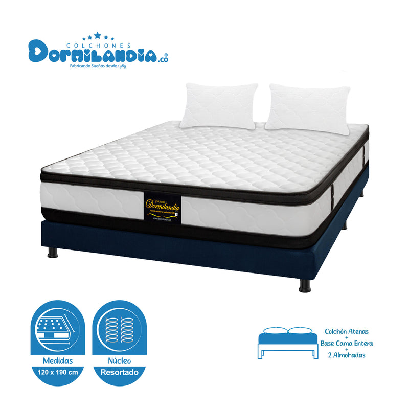 Combo Base Cama Y Colchón Atenas Blanco Y Azul Semidoble 120 X 190 Cm Firmeza Medio Doble Faz