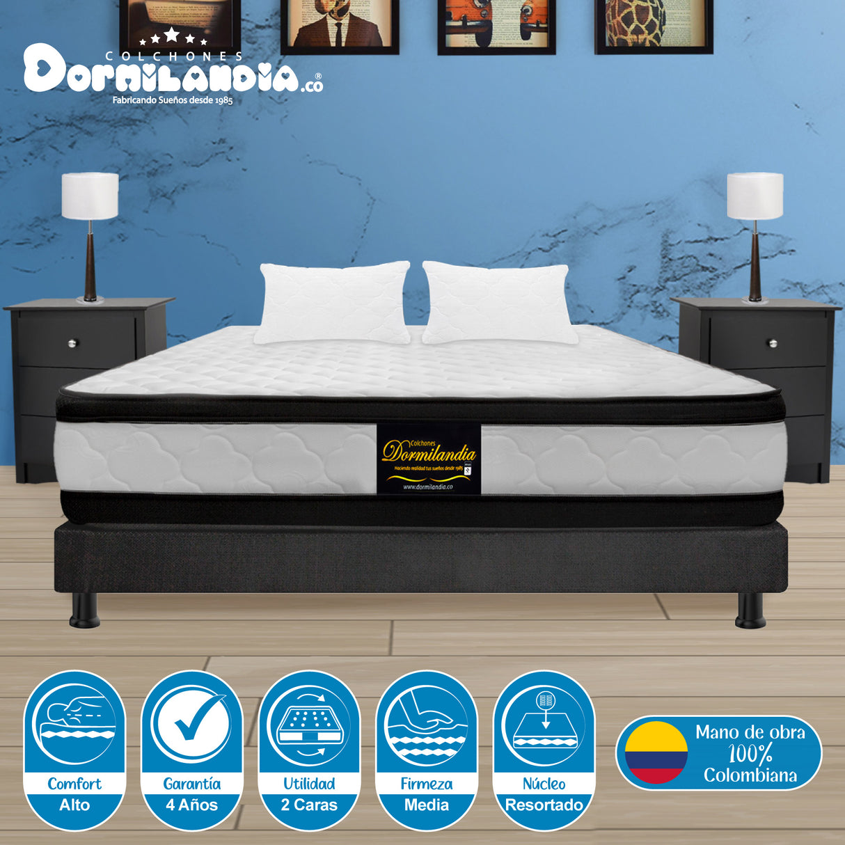 Combo Base Cama y Colchón Atenas Blanco y Gris Semidoble 120 X 190 Cm Firmeza Medio Doble Faz - COLCHONES | Bylmo