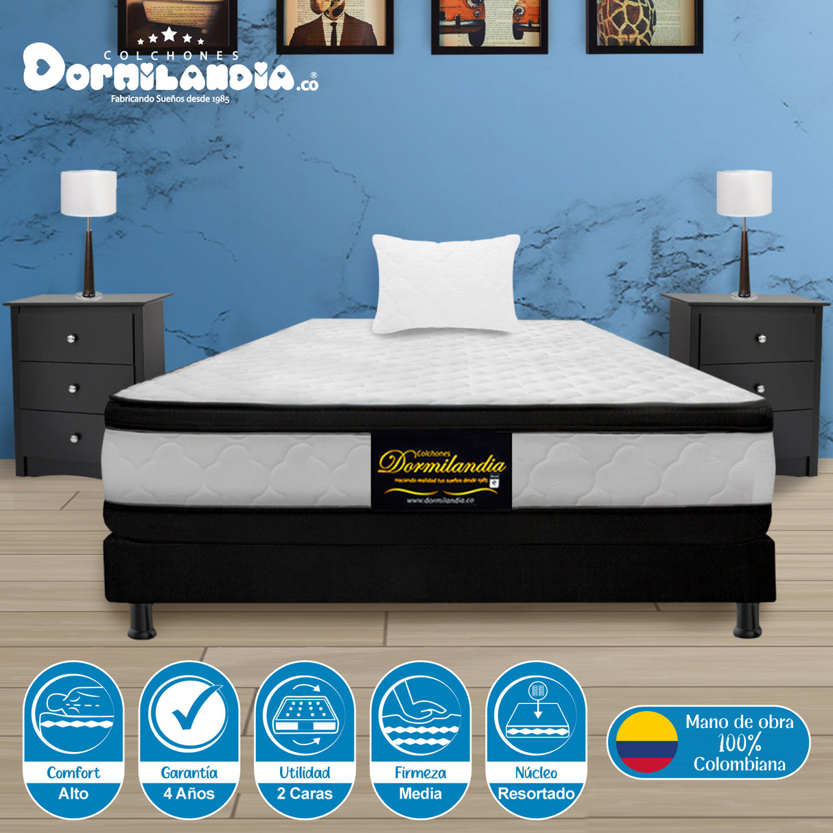 Combo Base Cama y Colchón Atenas Blanco y Negro Sencillo 100 X 190 Cm Firmeza Medio Doble Faz - COLCHONES | Bylmo