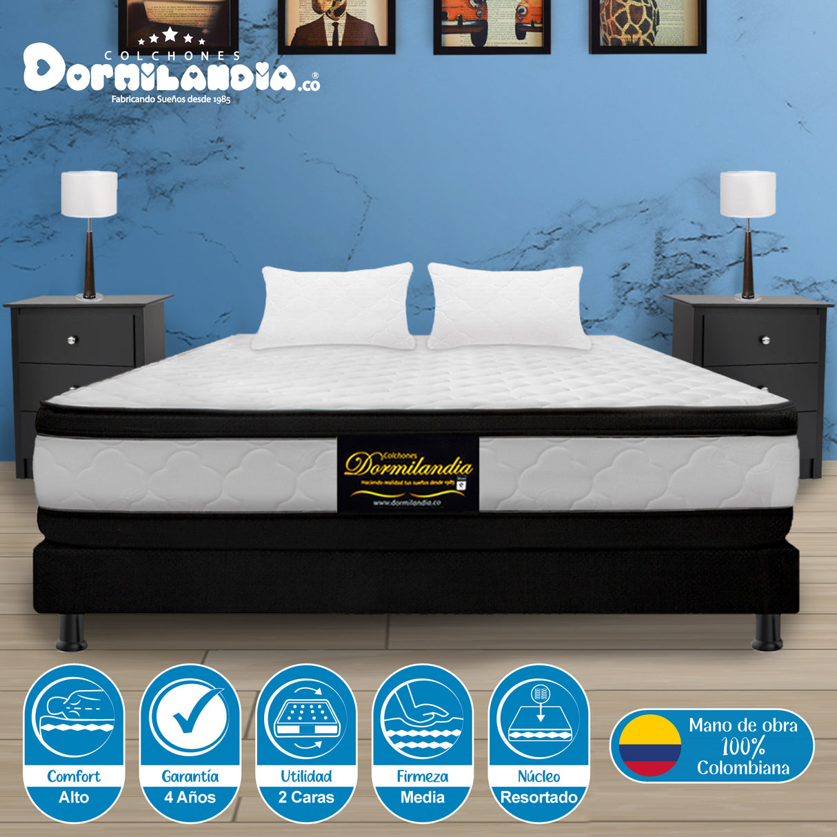 Combo Base Cama y Colchón Atenas Blanco y Negro Semidoble 120 X 190 Cm Firmeza Medio Doble Faz - COLCHONES | Bylmo