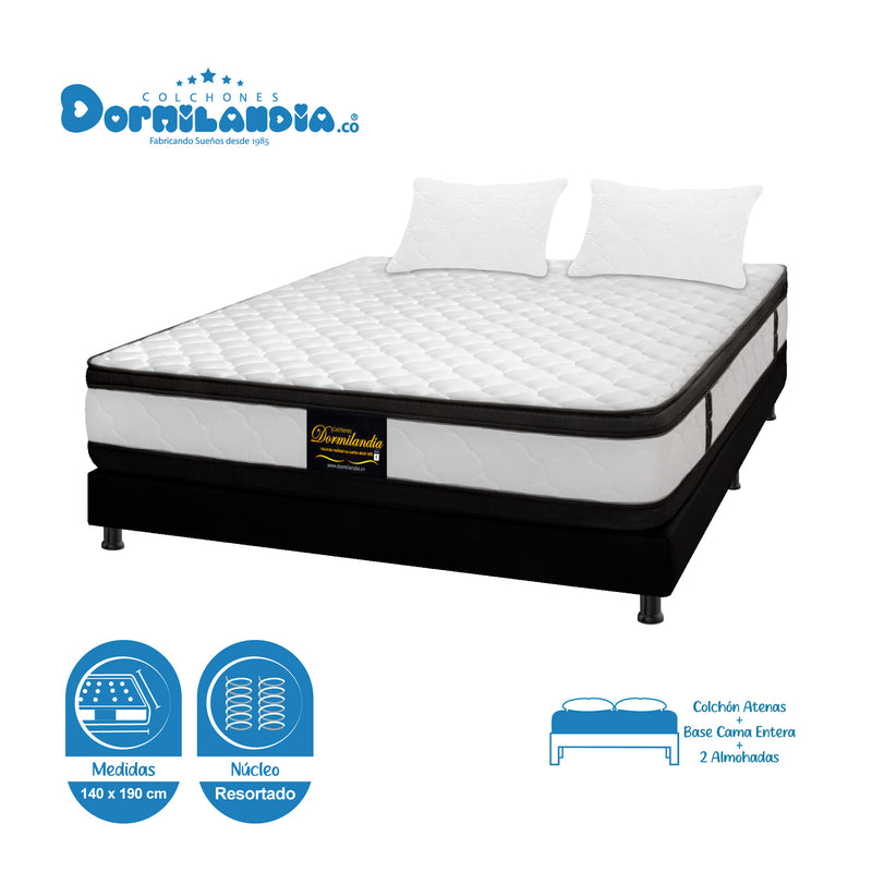 Combo Base Cama Y Colchón Atenas Blanco Y Negro Doble 140 X 190 Cm Firmeza Medio Doble Faz