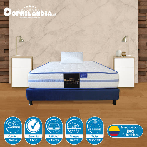 Combo Base Cama Y Colchón Caribe Blanco Y Azul Sencillo 100 X 190 Cm Firmeza Suave Doble Faz