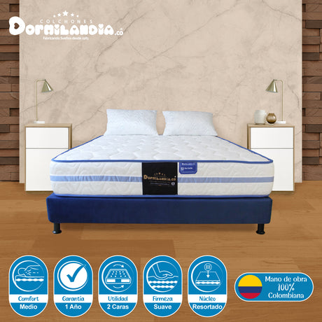 Combo Base Cama y Colchón Caribe Blanco y Azul Queen 160 X 190 Cm Firmeza Suave Doble Faz - COLCHONES | Bylmo