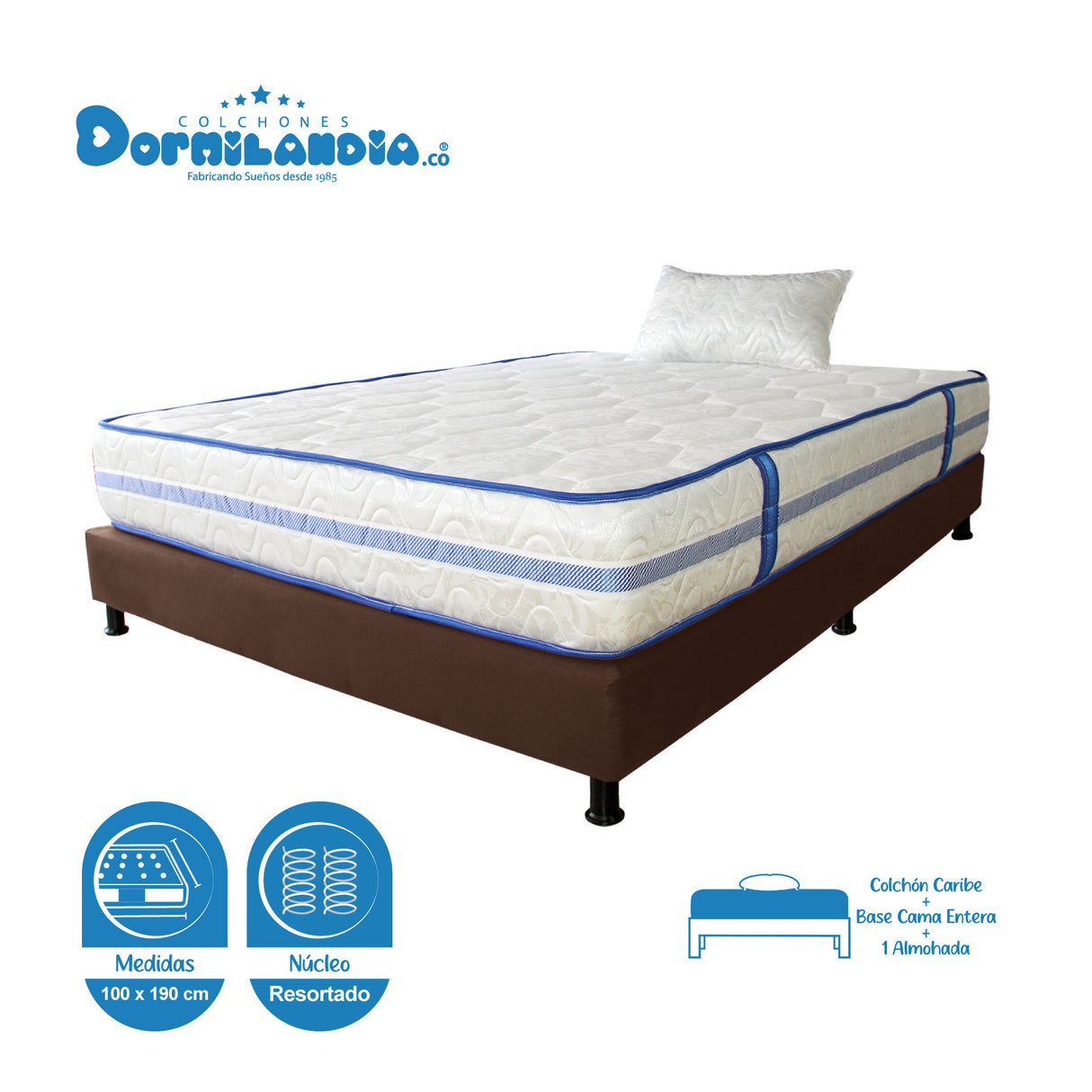 Combo Base Cama y Colchón Caribe Blanco y Cafe Sencillo 100 X 190 Cm Firmeza Suave Doble Faz - COLCHONES | Bylmo