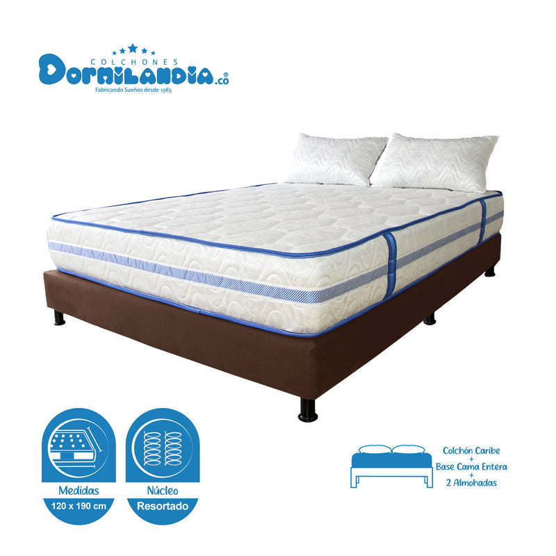 Combo Base Cama Y Colchón Caribe Blanco Y Cafe Semidoble 120 X 190 Cm Firmeza Suave Doble Faz