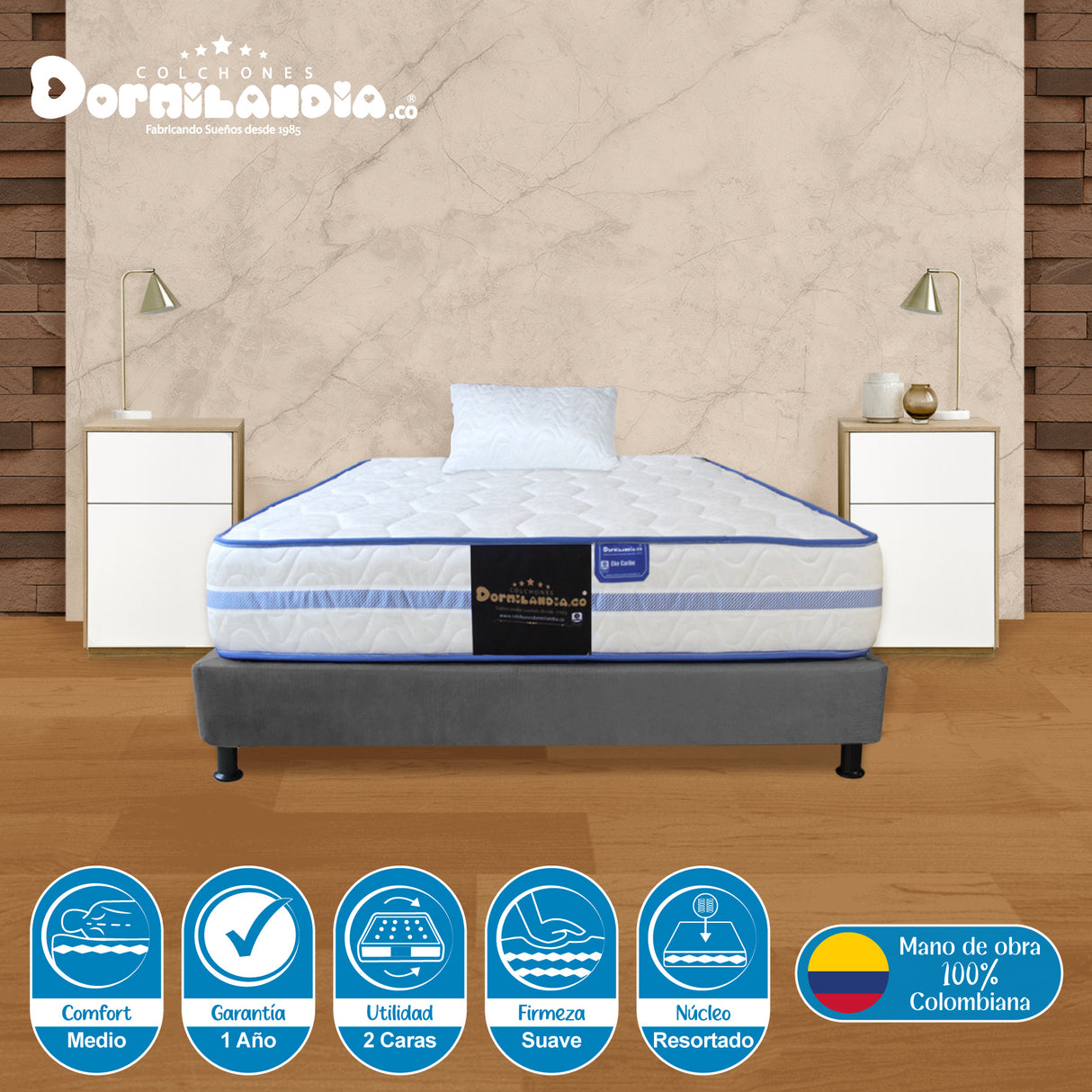 Combo Base Cama y Colchón Caribe Blanco y Gris Sencillo 100 X 190 Cm Firmeza Suave Doble Faz - COLCHONES | Bylmo