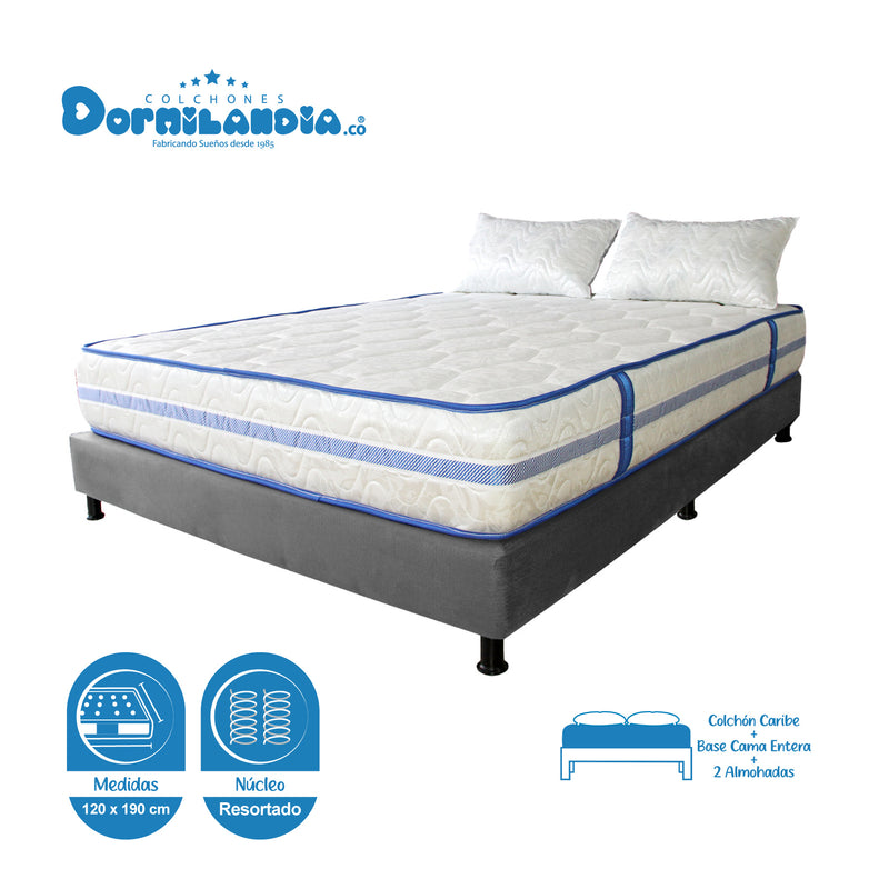 Combo Base Cama Y Colchón Caribe Blanco Y Gris Semidoble 120 X 190 Cm Firmeza Suave Doble Faz