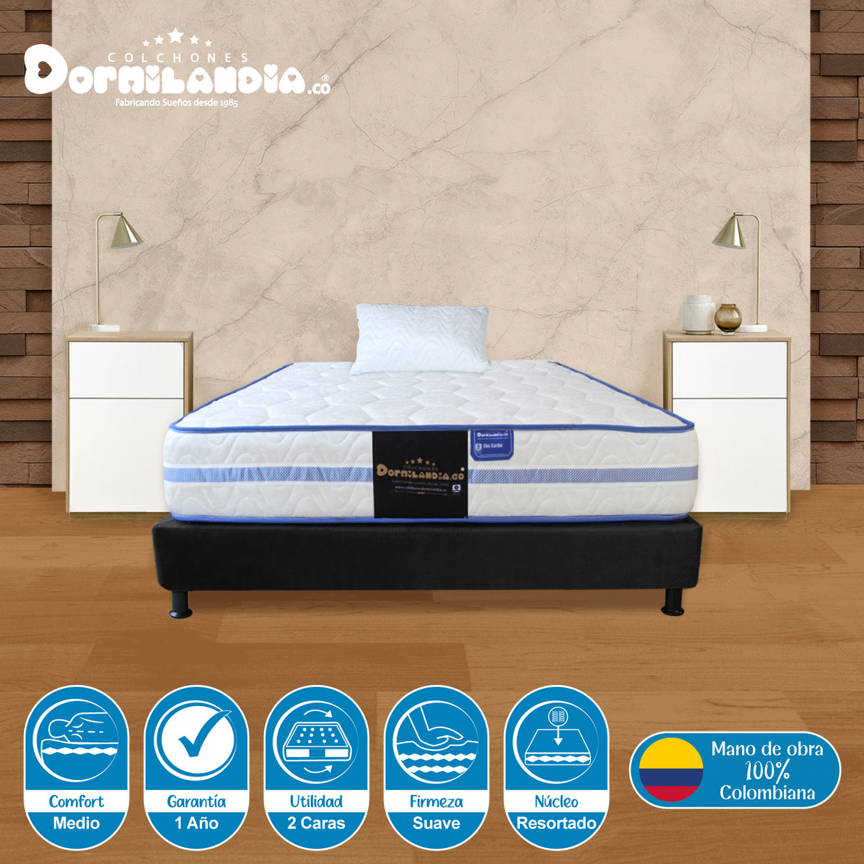 Combo Base Cama y Colchón Caribe Blanco y Negro Sencillo 100 X 190 Cm Firmeza Suave Doble Faz - COLCHONES | Bylmo