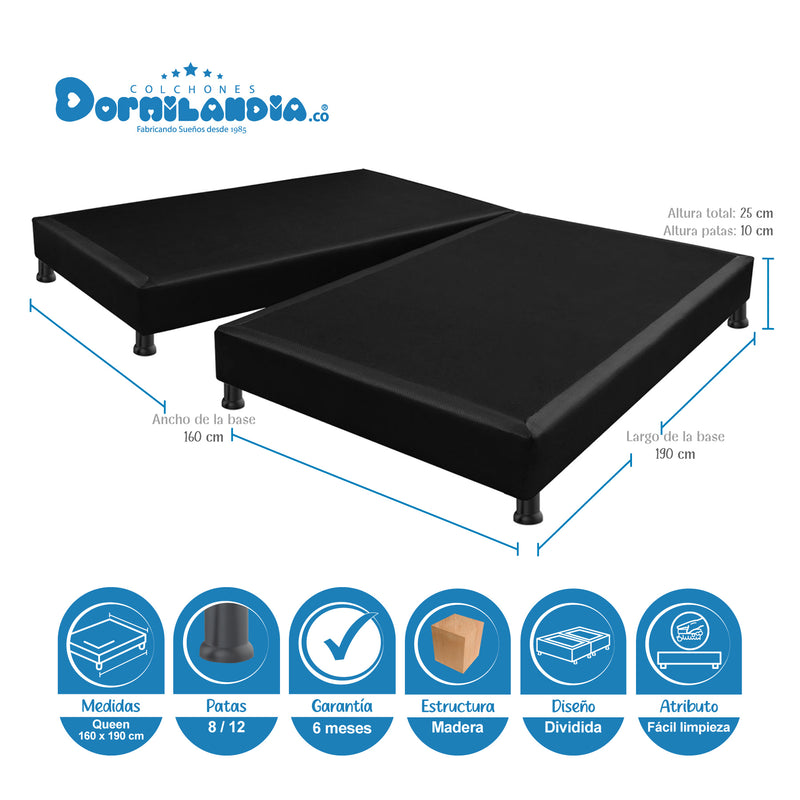 Combo Base Cama Y Colchón Caribe Blanco Y Negro Queen 160 X 190 Cm Firmeza Suave Doble Faz