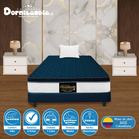 Combo Base Cama y Colchón Dublín Azul Sencillo 100 X 190 Cm Firmeza Medio - COLCHONES | Bylmo