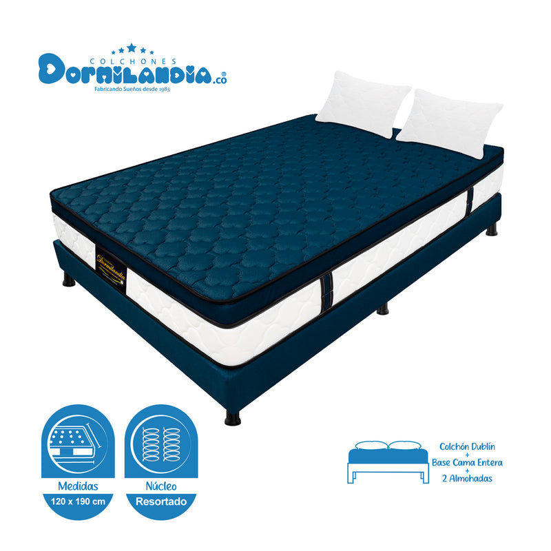 Combo Base Cama Y Colchón Dublín Azul Semidoble 120 X 190 Cm Firmeza Medio