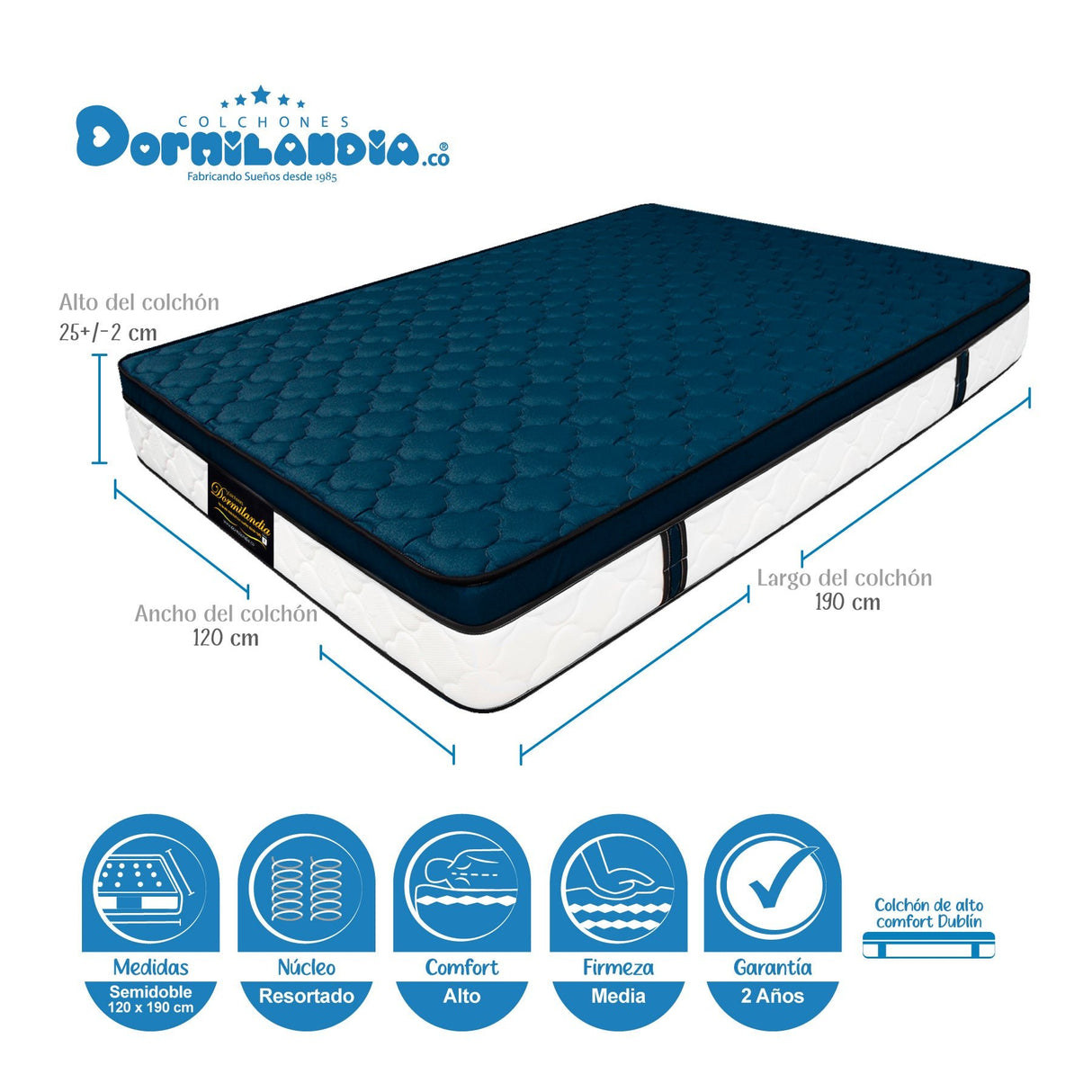 Combo Base Cama y Colchón Dublín Azul Semidoble 120 X 190 Cm Firmeza Medio - COLCHONES | Bylmo