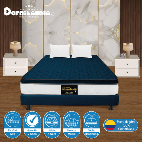 Combo Base Cama Y Colchón Dublín Azul Queen 160 X 190 Cm Firmeza Medio