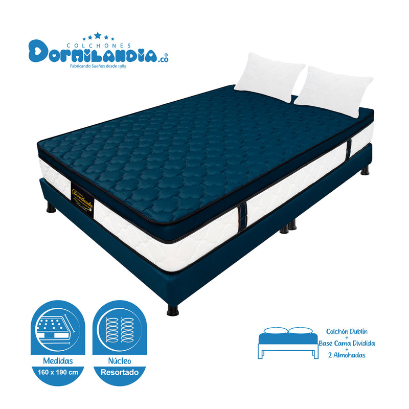 Combo Base Cama Y Colchón Dublín Azul Queen 160 X 190 Cm Firmeza Medio