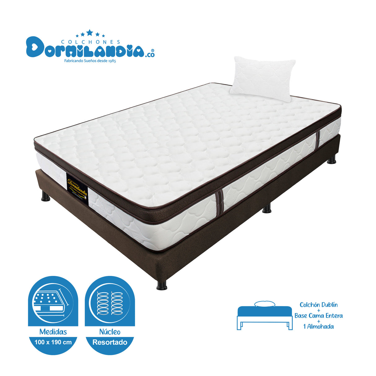Combo Base Cama y Colchón Dublín Cafe Sencillo 100 X 190 Cm Firmeza Medio - COLCHONES | Bylmo