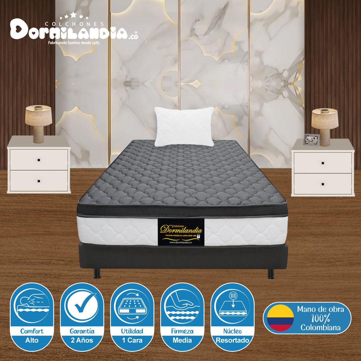 Combo Base Cama y Colchón Dublín Gris Sencillo 100 X 190 Cm Firmeza Medio - COLCHONES | Bylmo