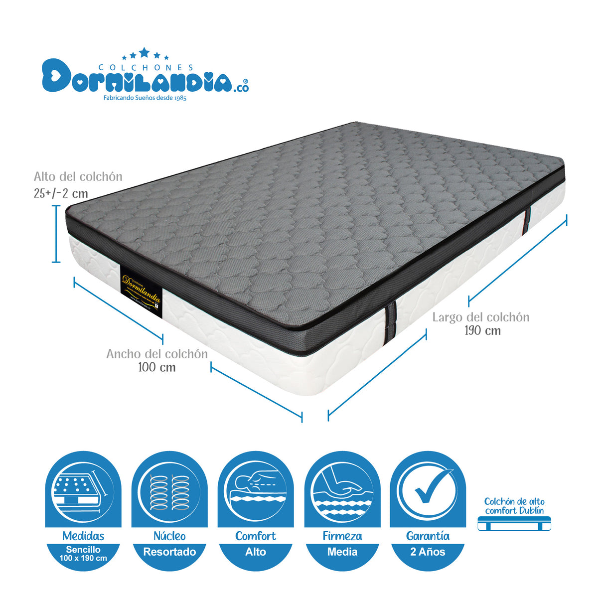 Combo Base Cama y Colchón Dublín Gris Sencillo 100 X 190 Cm Firmeza Medio - COLCHONES | Bylmo