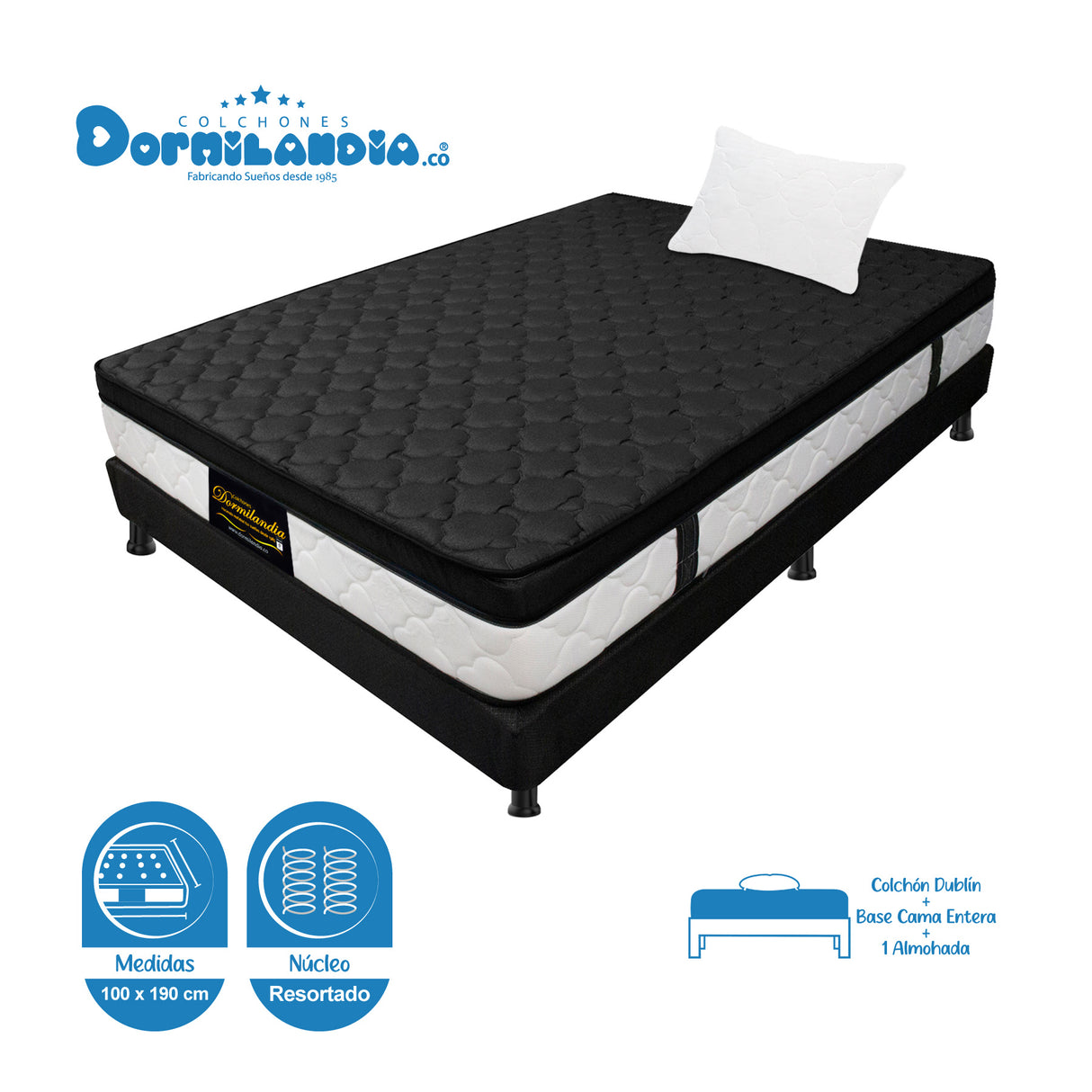 Combo Base Cama y Colchón Dublín Negro Sencillo 100 X 190 Cm Firmeza Medio - COLCHONES | Bylmo
