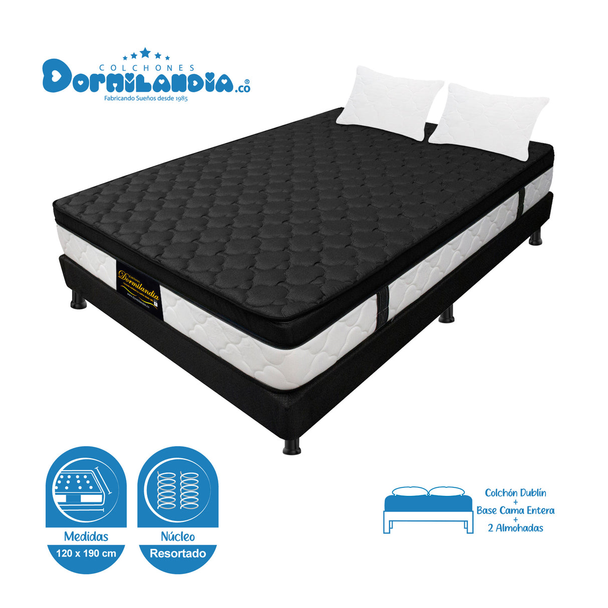 Combo Base Cama y Colchón Dublín Negro Semidoble 120 X 190 Cm Firmeza Medio - COLCHONES | Bylmo
