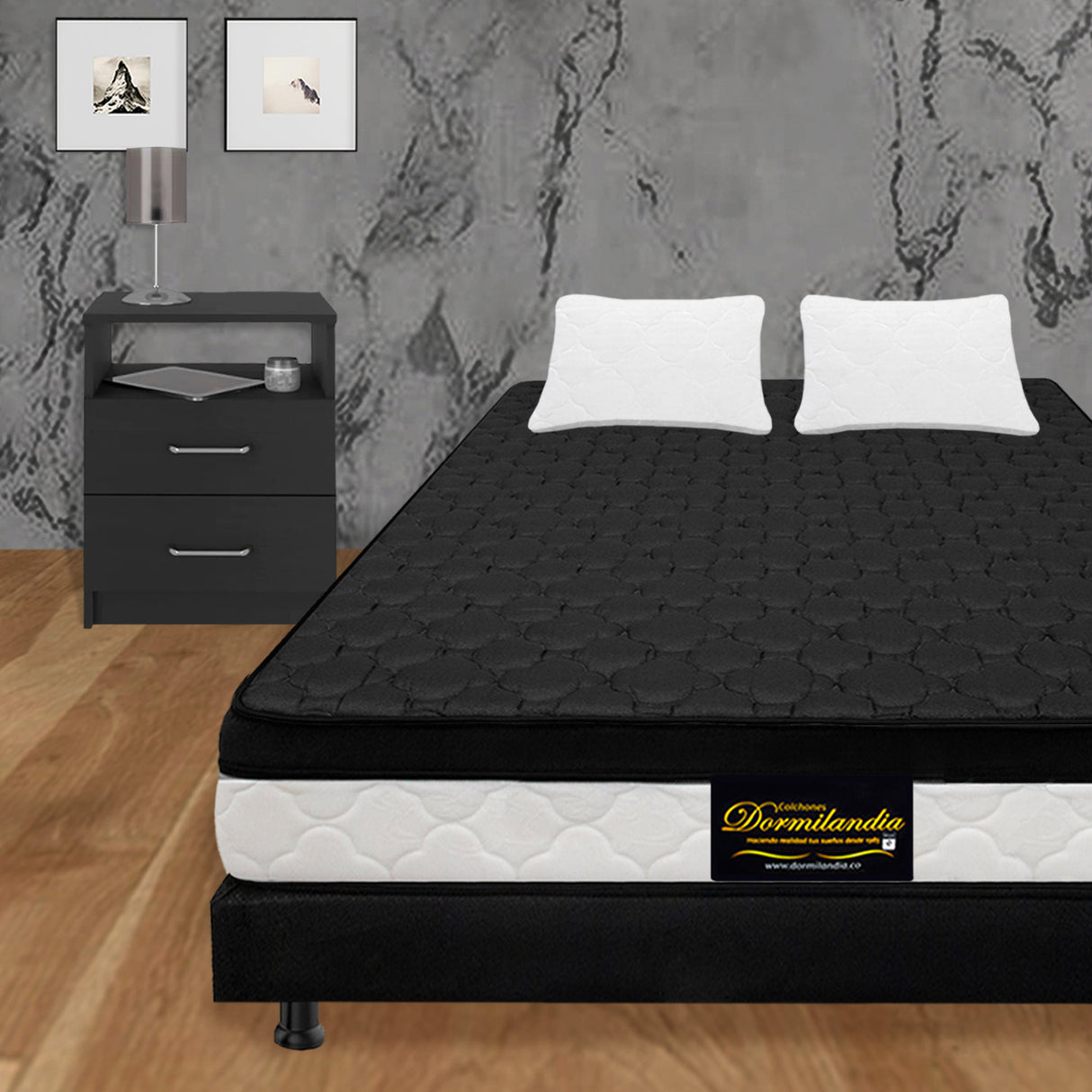 Combo Base Cama y Colchón Dublín Negro Queen 160 X 190 Cm Firmeza Medio - COLCHONES | Bylmo