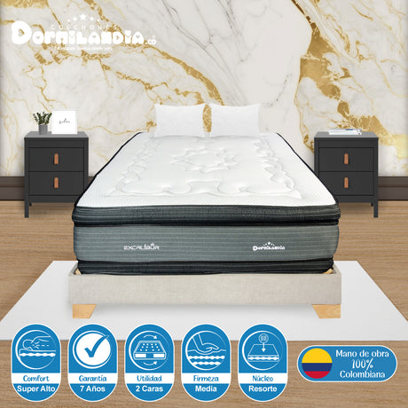 Combo Base Cama y Colchón Excalibur Gris y Arena Queen 160 X 190 Cm Firmeza Medio Doble Faz - COLCHONES | Bylmo