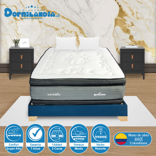 Combo Base Cama Y Colchón Excalibur Gris Y Azul Doble 140 X 190 Cm Firmeza Medio Doble Faz