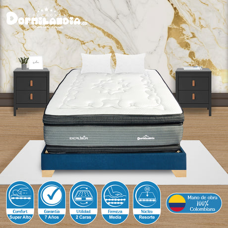Combo Base Cama y Colchón Excalibur Gris y Azul Queen 160 X 190 Cm Firmeza Medio Doble Faz - COLCHONES | Bylmo