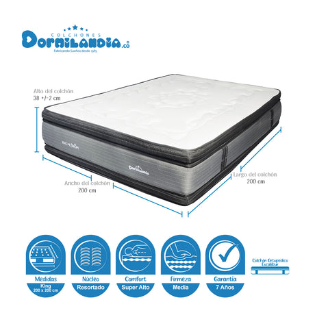 Combo Base Cama y Colchón Excalibur Gris y Azul King 200 X 200 Cm Firmeza Medio Doble Faz - COLCHONES | Bylmo