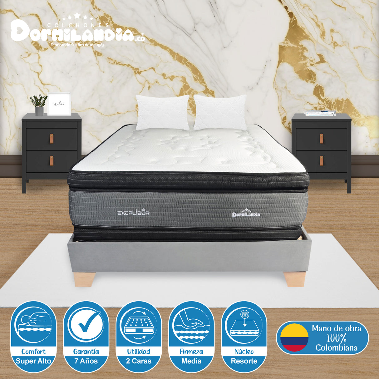 Combo Base Cama y Colchón Excalibur Gris Queen 160 X 190 Cm Firmeza Medio Doble Faz - COLCHONES | Bylmo