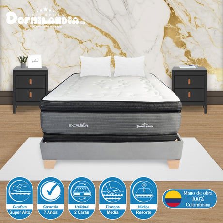 Combo Base Cama y Colchón Excalibur Gris Queen 160 X 190 Cm Firmeza Medio Doble Faz - COLCHONES | Bylmo