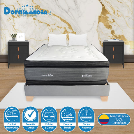 Combo Base Cama y Colchón Excalibur Gris King 200 X 200 Cm Firmeza Medio Doble Faz - COLCHONES | Bylmo