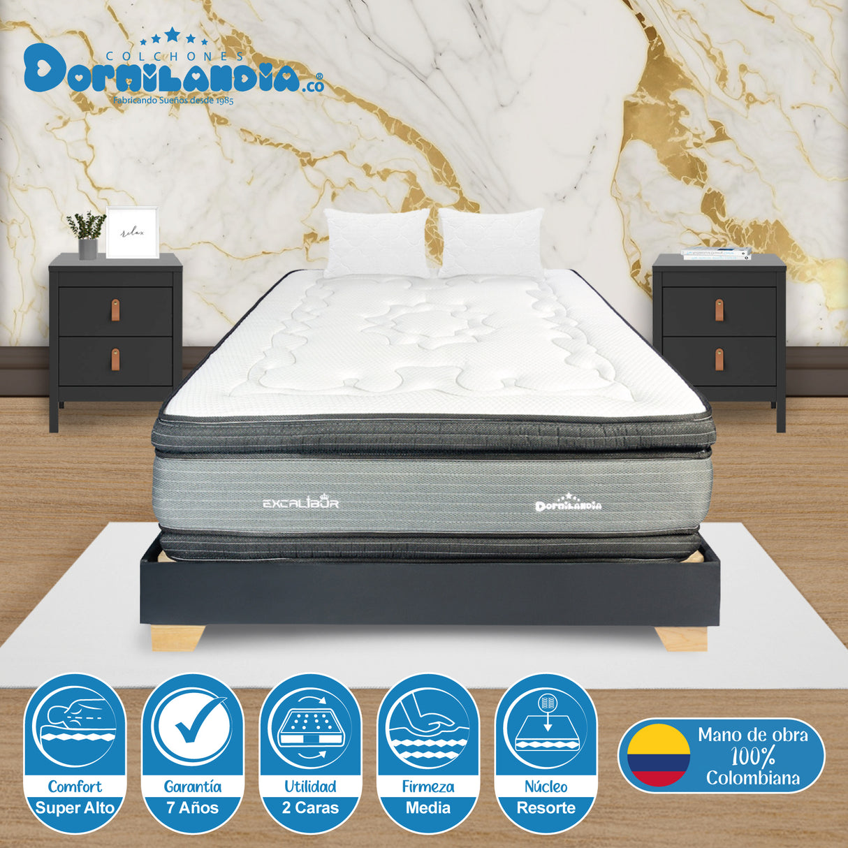 Combo Base Cama y Colchón Excalibur Gris y Negro Doble 140 X 190 Cm Firmeza Medio Doble Faz - COLCHONES | Bylmo