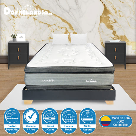 Combo Base Cama y Colchón Excalibur Gris y Negro Queen 160 X 190 Cm Firmeza Medio Doble Faz - COLCHONES | Bylmo