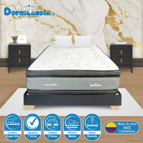 Combo Base Cama y Colchón Excalibur Gris y Negro King 200 X 200 Cm Firmeza Medio Doble Faz - COLCHONES | Bylmo