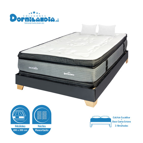 Combo Base Cama y Colchón Excalibur Gris y Negro King 200 X 200 Cm Firmeza Medio Doble Faz - COLCHONES | Bylmo