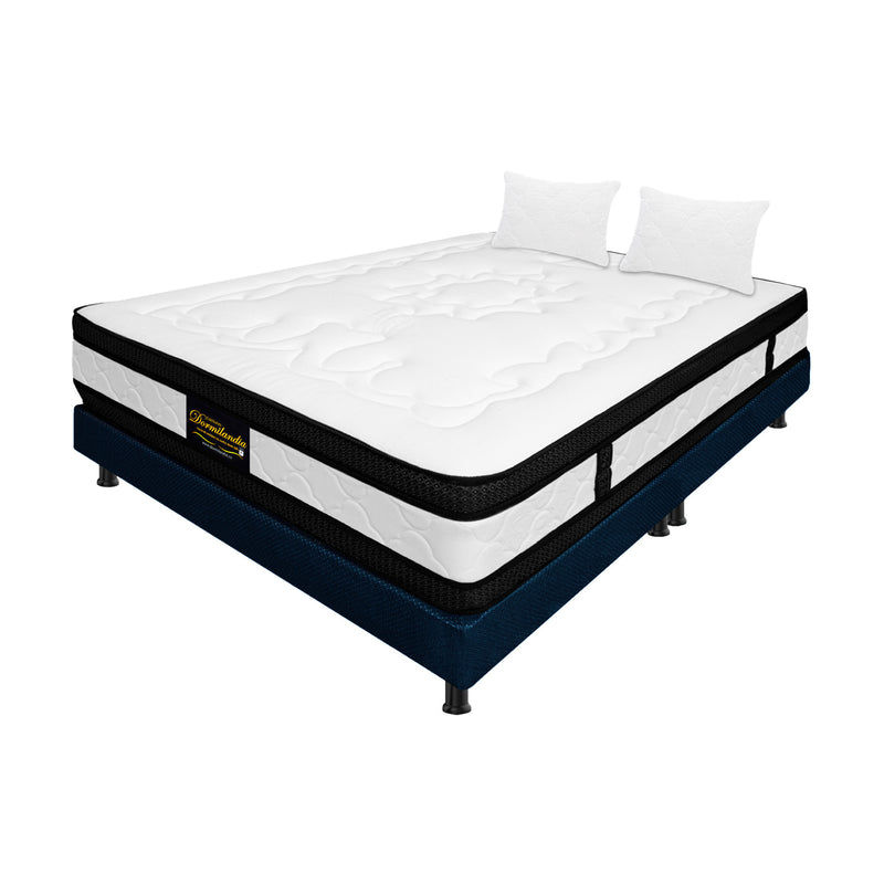 Combo Base Cama Y Colchón Casata Blanco Y Azul Queen 160 X 190 Cm Firmeza Medio Firme Doble Faz