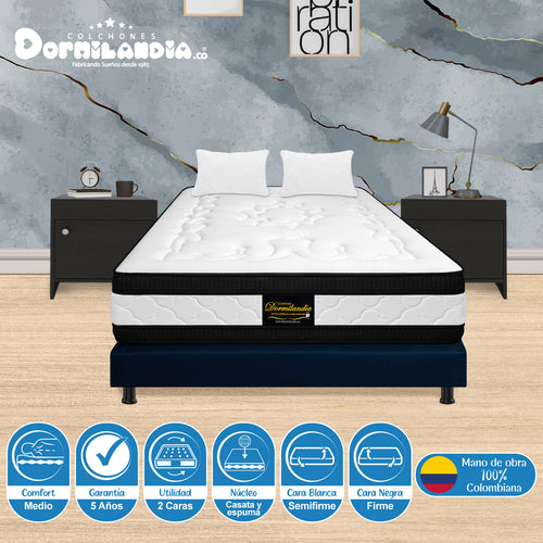 Combo Base Cama Y Colchón Casata Blanco Y Azul Queen 160 X 190 Cm Firmeza Medio Firme Doble Faz