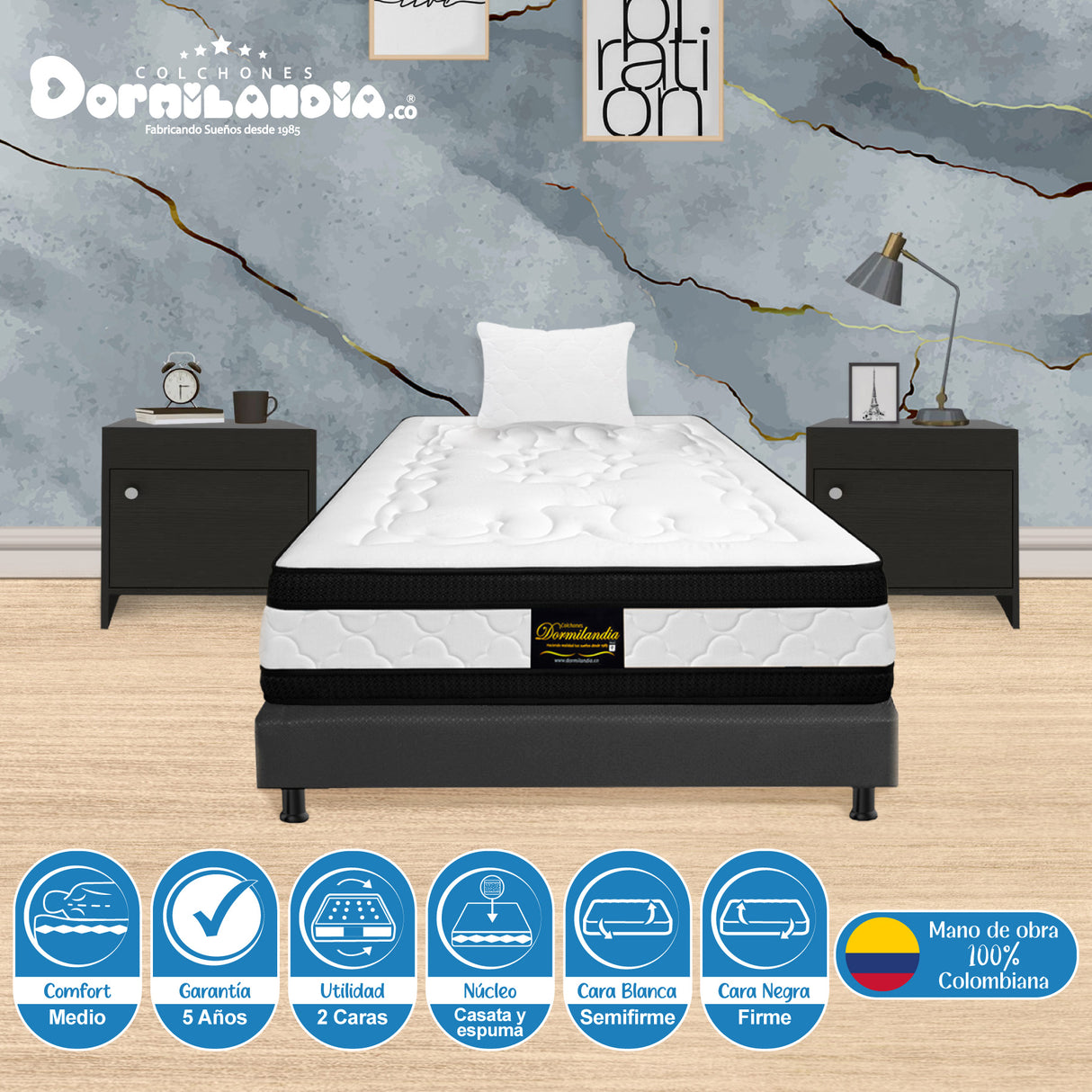 Combo Base Cama y Colchón Casata Blanco y Gris Sencillo 100 X 190 Cm Firmeza Medio Firme Doble Faz - COLCHONES | Bylmo