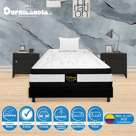 Combo Base Cama y Colchón Casata Blanco y Negro Sencillo 100 X 190 Cm Firmeza Medio Firme Doble Faz - COLCHONES | Bylmo