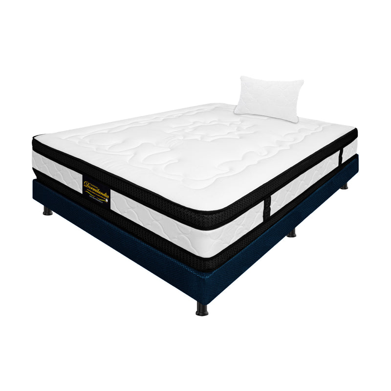 Combo Base Cama Y Colchón Blanco Y Azul Sencillo 100 X 190 Cm Firmeza Medio Suave Doble Faz