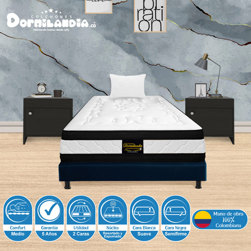 Combo Base Cama Y Colchón Blanco Y Azul Sencillo 100 X 190 Cm Firmeza Medio Suave Doble Faz