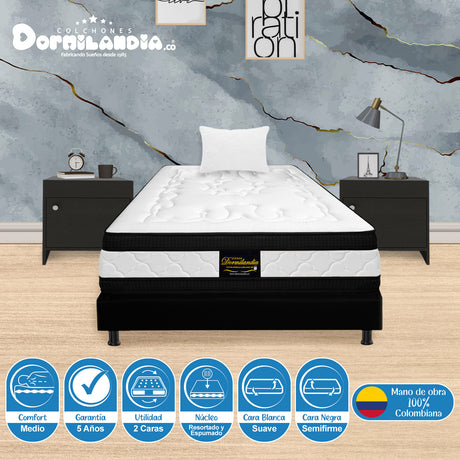 Combo Base Cama y Colchón Blanco y Negro Sencillo 100 X 190 Cm Firmeza Medio Suave Doble Faz - COLCHONES | Bylmo