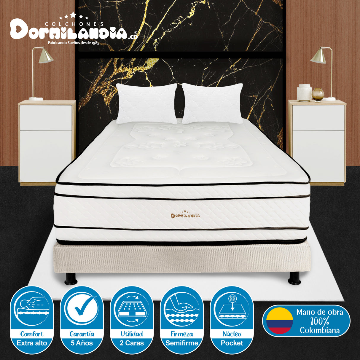 Combo Base Cama y Colchón Infinity Blanco y Arena Doble 140 X 190 Cm Firmeza Medio Firme Doble Faz - COLCHONES | Bylmo
