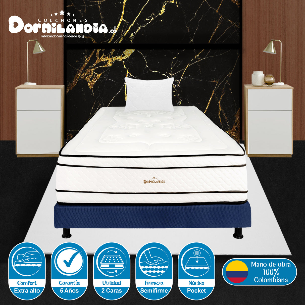 Combo Base Cama y Colchón Infinity Blanco y Azul Sencillo 100 X 190 Cm Firmeza Medio Firme Doble Faz - COLCHONES | Bylmo