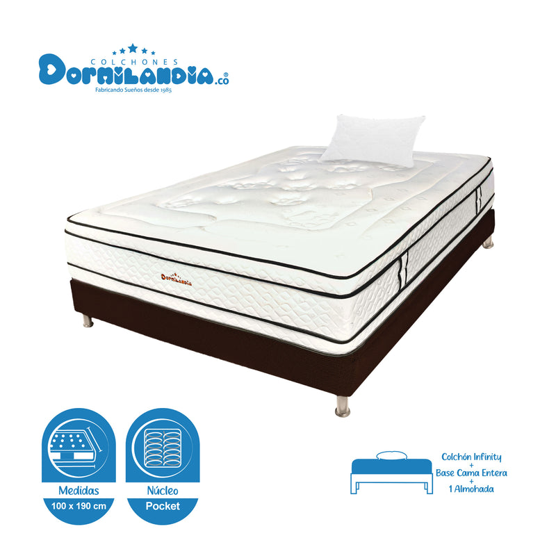 Combo Base Cama Y Colchón Infinity Blanco Y Cafe Sencillo 100 X 190 Cm Firmeza Medio Firme Doble Faz